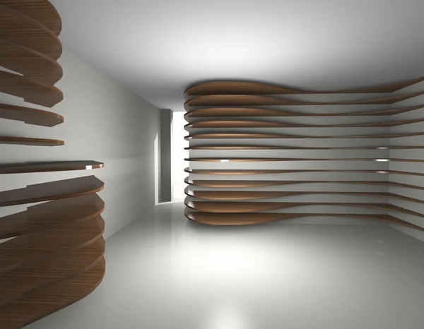 Interior futerístico com prateleiras de madeira curva — Fotografia de Stock