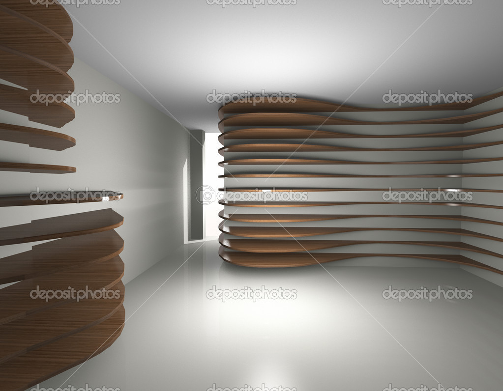 Futeristic interior with curve wood shelfs — Stock Photo 
