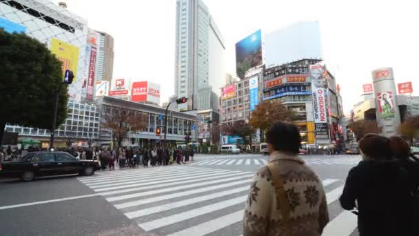 Shibuya pedestrian crossing and car traffic by day, Tokyo, Japan