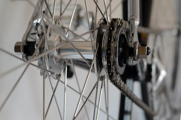 Bicycle's detail view of rear wheel with chain & sprocket — Stock Photo, Image