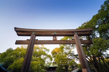 Torii kapısı ayakta meiji jingu Tapınağı, tokyo girişinde