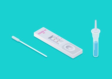 Hızlı Antijen Test kiti Isometric görünümünü ayarla. Vektör illüstrasyonu
