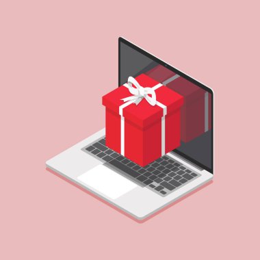 Laptop ekran izometrik görüntüde hediye kutusu. Vektör illüstrasyonu