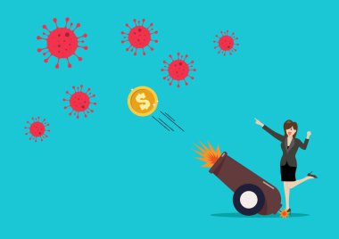 İş kadını Coronavirus 'la patlayıcı toptan atılan parayla savaşıyor. Vektör çizimi. COVID-19 bağışıklık kavramı.