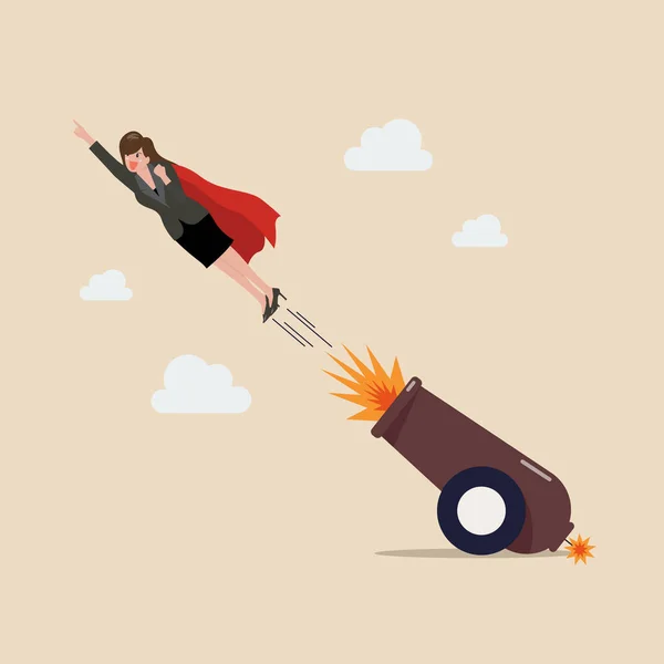 Business Woman Shot Explosive Cannon Vector Illustration Career Boost Job — Stock Vector