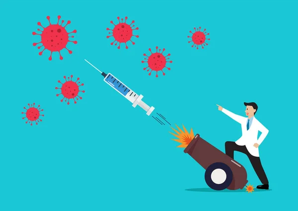 Médecin Combattant Avec Coronavirus Par Seringue Tiré Partir Canon Explosif — Image vectorielle