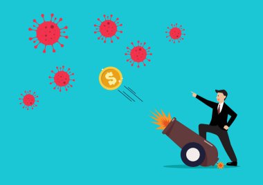 Doktor, patlayıcı toptan atılan şırıngayla koronavirüsle savaşıyor. Vektör çizimi. COVID-19 bağışıklık kavramı.