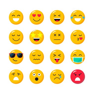 Çizgi film simgeleri seti. Duygularını ifade eden sarı yüzler. Emoji simgeleri