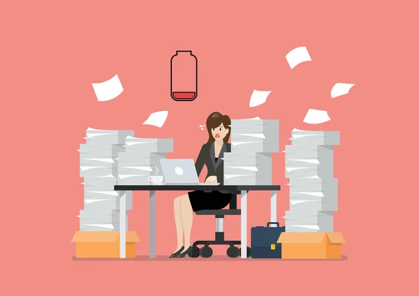 Low Battery Woman Sitting Table Laptop Pile Papers Office Burn — Stock Vector