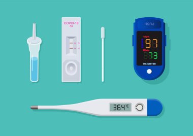 Oksi ölçer termometre ve hızlı antijen test kiti. Covid-19 ekipman seti. Vektör illüstrasyonu