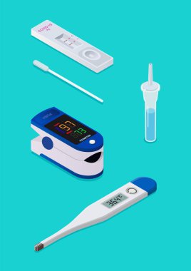 Hızlı Antijen Test kiti Isometric görünümünü ayarla. Vektör illüstrasyonu