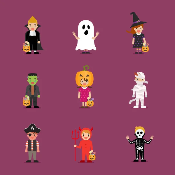 Children Scary Halloween Costumes Halloween Holiday Party Vector Illustration — Wektor stockowy