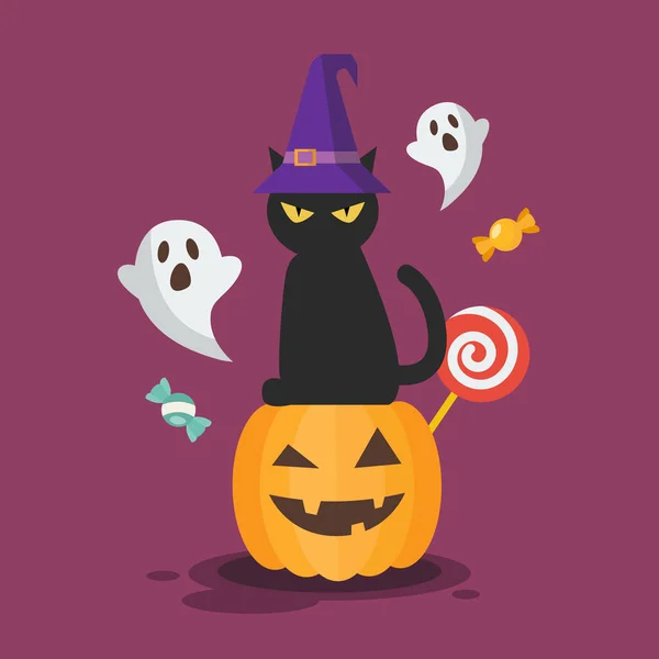 Black Cat Witch Hat Sitting Halloween Pumpkin Vector Illustration — Stockvektor