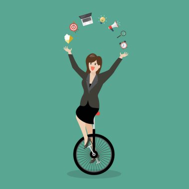 İş kadını tek tekerlekli bisiklette yeteneklerini gösteriyor. İş fikri konsepti. vektör illüstrasyonu