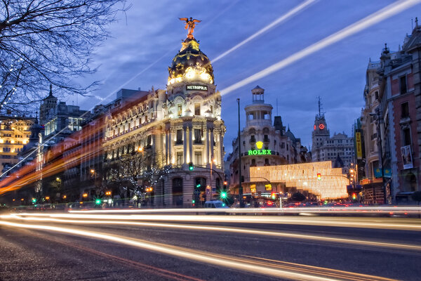 Metropolis building, in Madrid, Spain, with lighting effect