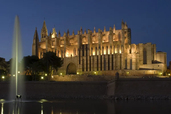 Vista notturna della cattedrale di Palma (La Seu), a Maiorca, Spagna — Foto Stock