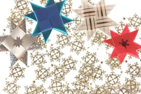 Origami star postcard on the snowflake garland — Stock Photo, Image
