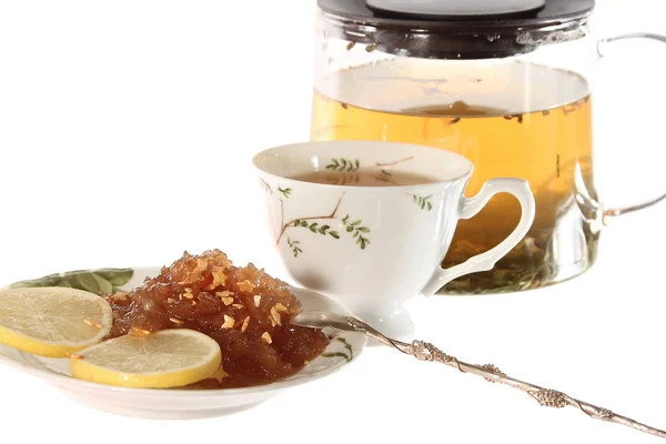 Tea with Apple jam and lemon isolated — Stock Photo, Image
