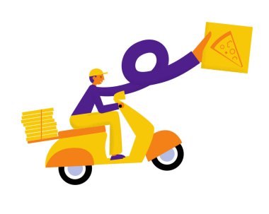 Bisikletli kurye çocuk elinde pizza kutusu olan genç bir adam. Yemek servisi. Düz vektör illüstrasyonu