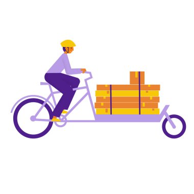 Uzun John motorlu bir kargo aracında büyük, ağır kutuları olan bir kurye. Bisikletli teslimatçı paket taşıyor. Ekolojik şehir ulaşımı. Düz vektör illüstrasyonu