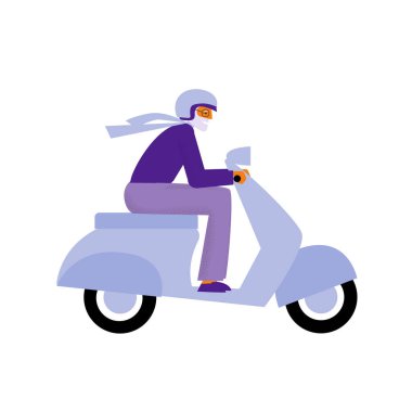 Yaşlı adam scooter kullanıyor. Yaşlı adamın motosikletle gezintisi var. Düz vektör illüstrasyonu