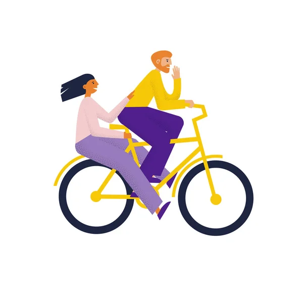 Junges Paar Beim Gemeinsamen Fahrradfahren Mädchen Sitzt Auf Rücken Von — Stockvektor