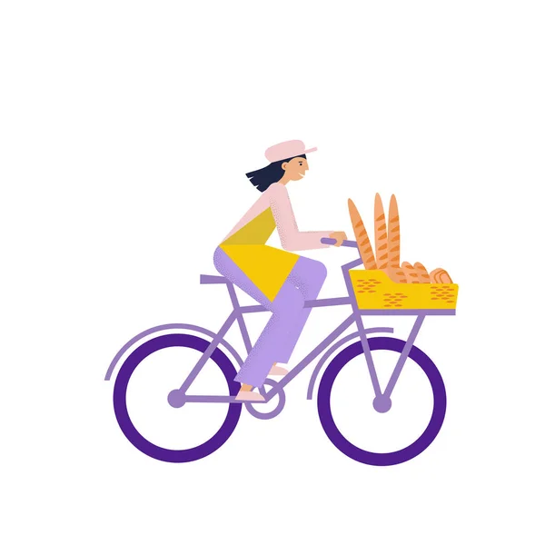 Fille Équitation Boulangers Vélo Avec Panier Plein Pâtisserie Femme Vend — Image vectorielle