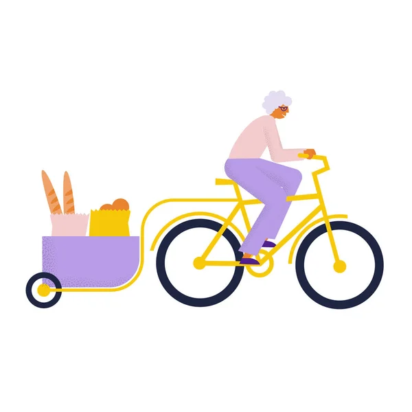 Femme Âgée Vélo Cargo Avec Des Marchandises Grand Mère Fait — Image vectorielle