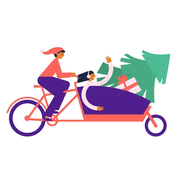 Άνθρωπος Κόκκινο Καπέλο Ιππασία Ποδήλατο Φορτίου Γυναίκα Έλατο Και Χριστουγεννιάτικα — Διανυσματικό Αρχείο