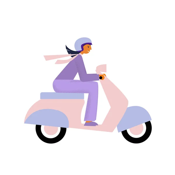 Молода Жінка Їде Скутері Дівчина Має Джойстик Мотоциклі Плоска Векторна — стоковий вектор