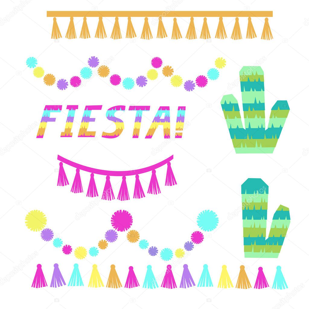 Fiesta lettering. Cactus party decoration set.Tassles pampoms wreath. Vector illustration