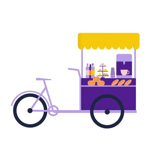 Chariot à café vélo. Boutique mobile de nourriture de rue. Illustration vectorielle dessin animé plat — Image vectorielle
