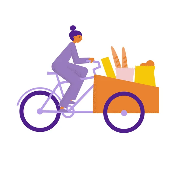 Femme vélo cargo avec de la nourriture et des marchandises. Une fille transporte des achats sur un vélo bakfiets — Image vectorielle