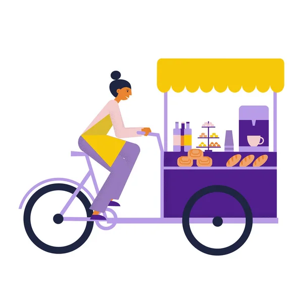 Fille barista équitation Vending vélo avec café, collations, nourriture de rue, boulangerie, bonbons de vélo. Illustration vectorielle plate — Image vectorielle