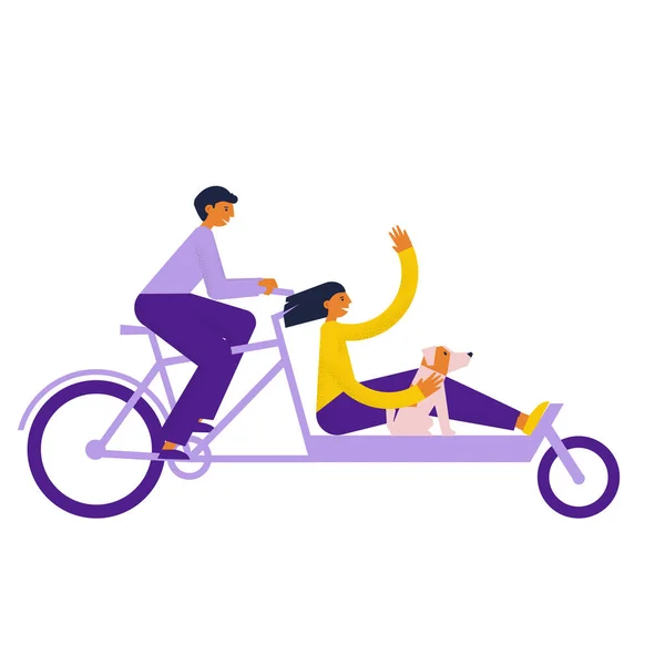 Ένας άντρας κάνει ποδήλατο με γυναίκα και σκύλο. Ο τύπος κουβαλάει ένα χαρούμενο κορίτσι με ποδήλατο Lastenfahrrad. Κύκλος backfiets. Επίπεδη διανυσματική απεικόνιση — Διανυσματικό Αρχείο