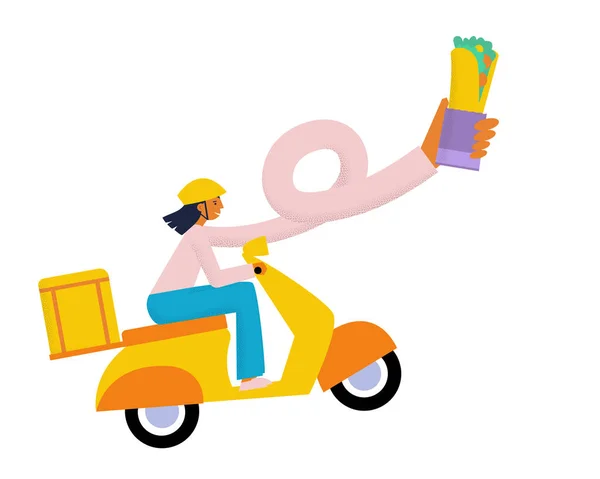 Jeune femme sur la livraison de vélo coursier fille avec longue main tenant shawarma rouleau sandwich. livraison de nourriture. Illustration vectorielle plate — Image vectorielle