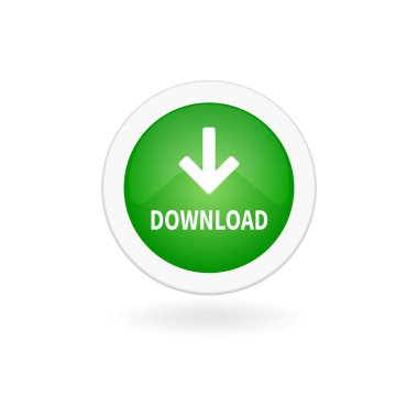 Beyaz arkaplanda ok simgesi olan yeşil indirme tuşu. İzole vektör illüstrasyonu.