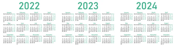 Calendarios Inglés 2022 2023 2024 Sobre Fondo Blanco Rejillas Calendario — Vector de stock