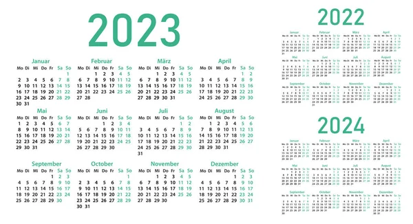 Calendarios Alemán Para 2022 2023 2024 Sobre Fondo Blanco Rejillas — Vector de stock
