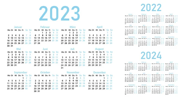 Calendarios Alemán Para 2022 2023 2024 Sobre Fondo Blanco Rejillas — Vector de stock