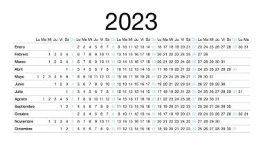 2023 İspanyolca takvimi. Hafta pazartesi başlıyor. 12 aylık masaüstü. Tek sayfa vektör şablonu, doğrusal ve yatay tasarım. Yıl için doğrusal planlayıcı.
