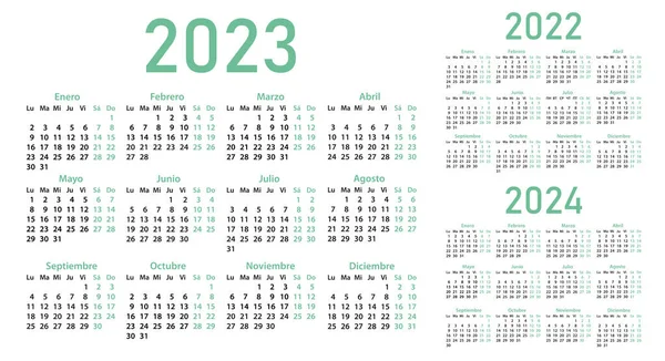 Calendarios Español Para 2022 2023 2024 Sobre Fondo Blanco Rejillas — Vector de stock