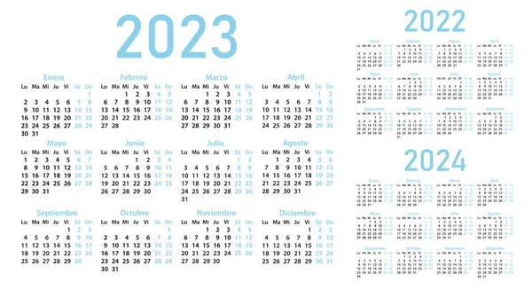 Calendars Spanish 2022 2023 2024 White Background Calendar Grids Pocket — Stock Vector