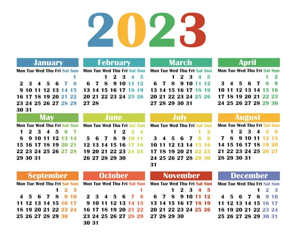 Ημερολόγιο 2023 Στα Αγγλικά Εβδομάδα Ξεκινά Δευτέρα Διάνυσμα Πρότυπο Σχεδιασμού — Διανυσματικό Αρχείο