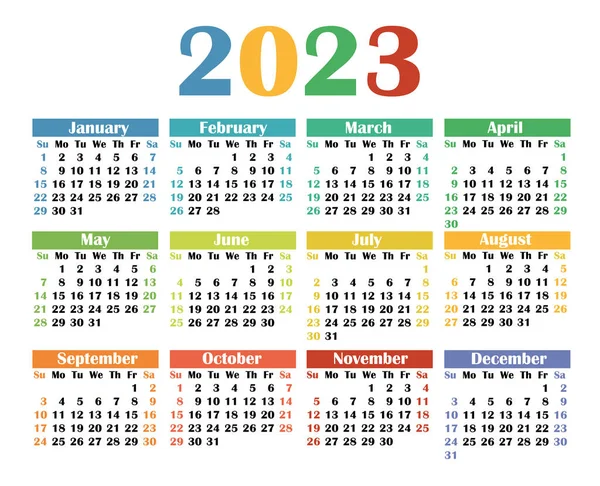 Calendario 2023 Inglés Semana Comienza Domingo Calendario Colorido Plantilla Diseño — Vector de stock