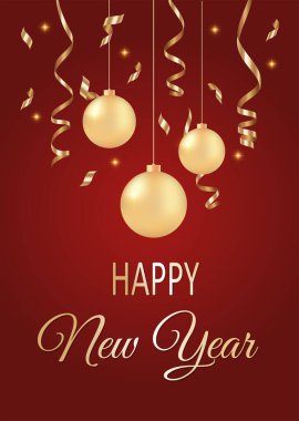  Happy New Year. Festive design with Christmas decorations, balls and serpentine.