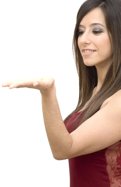 Retrato de una joven hermosa mujer con camisa roja sobre fondo blanco — Foto de Stock