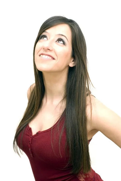 Retrato de una joven hermosa mujer con camisa roja sobre fondo blanco — Foto de Stock