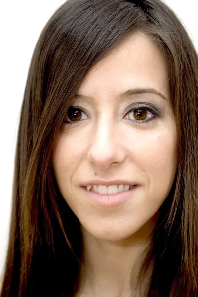 Retrato de una joven hermosa mujer con camisa roja sobre fondo blanco — Foto de Stock