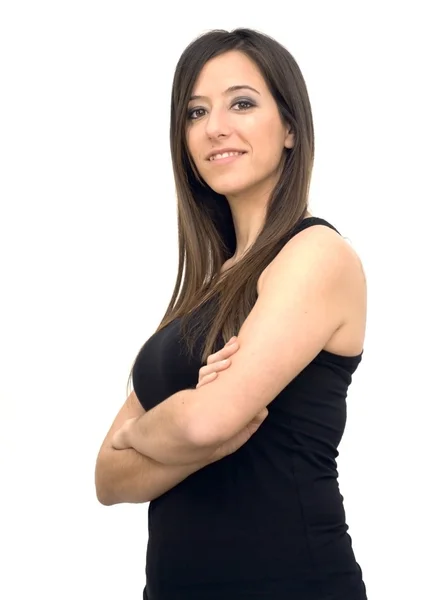 Retrato de jovem mulher bonita com camisa vermelha no backgr branco — Fotografia de Stock